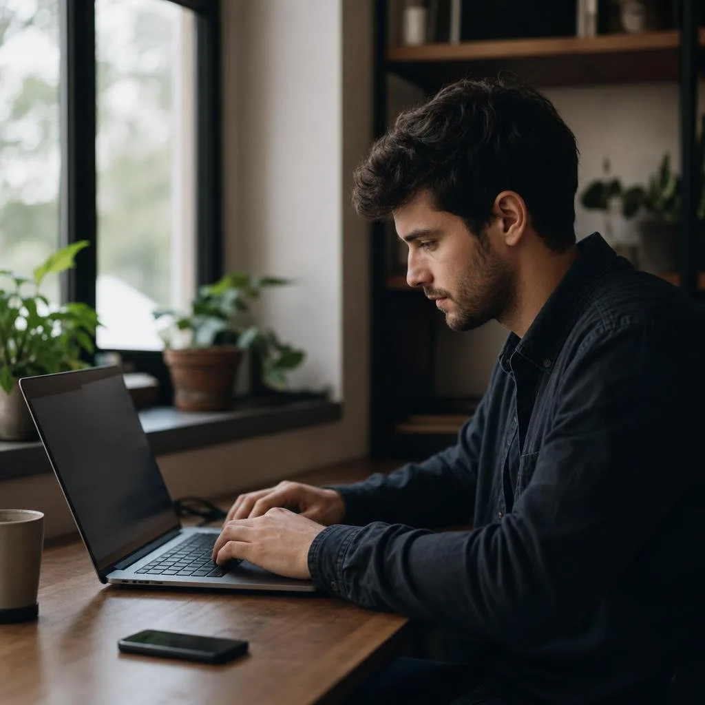 Quiet desk with laptop and notebook